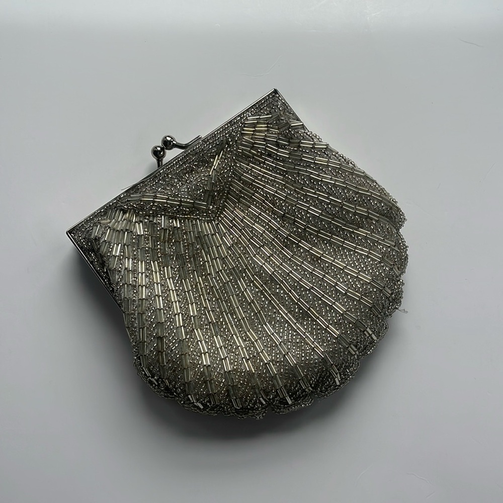 Apt. 9 Silver Beaded Shell-Style Kiss Lock Clutch